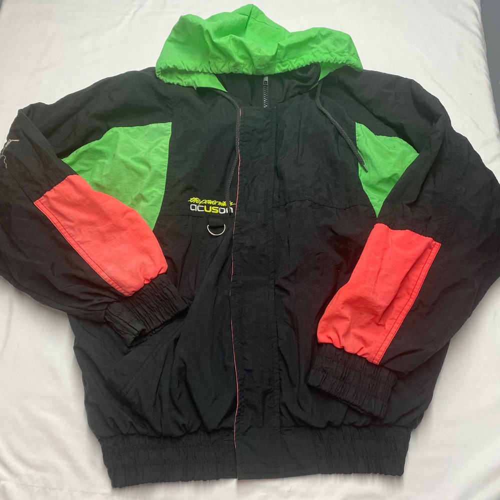 Vintage Style Auto Racing Windbreaker Jacket Neon Colorblock Hooded Mens Large
